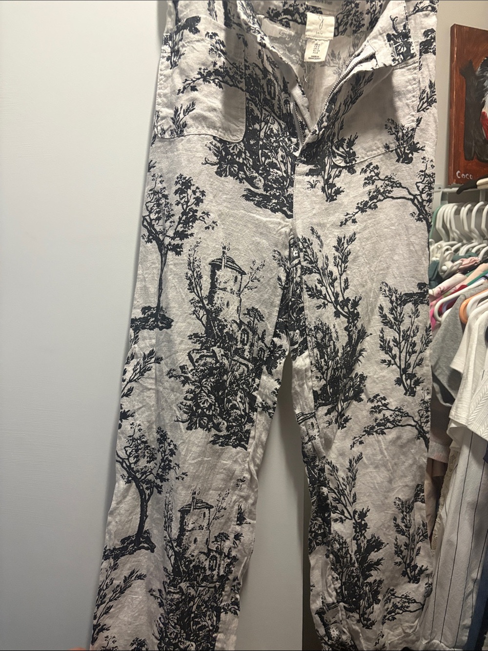 Joie Light Beige Linen-Blend Top with Black Scenic Print
